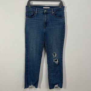Levi's 724 High Rise Straight Crop Jeans Women 29 Blue Stretch Distressed Casual